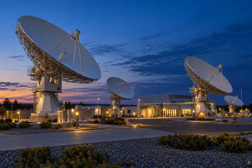 Illustration of a teleport campus with satellite ground station antennas